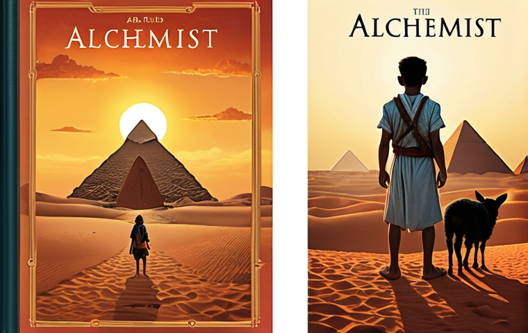 ** A simple book cover design. The Alchemist by Paulo Coelho. A shepherd boy looks towards distant pyramids at sunset. Emphasize the themes of following your dreams and finding your personal legend. Minimalist, warm colors.
**