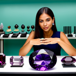 A professional Brazilian jeweler, fully clothed in modest, appropriate attire, meticulously inspecting a vibrant, large amethyst gemstone. The jeweler's well-formed hands hold the polished stone, showcasing its deep purple color and perfect facets. In the background, a clean, well-lit jewelry workshop with various tools and other sparkling Brazilian gems like topaz and emeralds on display. The scene captures the essence of expert craftsmanship and natural beauty. Perfect anatomy, correct proportions, natural pose, natural body proportions, professional photography, high quality, safe for work, appropriate content, family-friendly.