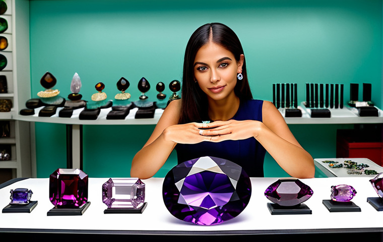 A professional Brazilian jeweler, fully clothed in modest, appropriate attire, meticulously inspecting a vibrant, large amethyst gemstone. The jeweler's well-formed hands hold the polished stone, showcasing its deep purple color and perfect facets. In the background, a clean, well-lit jewelry workshop with various tools and other sparkling Brazilian gems like topaz and emeralds on display. The scene captures the essence of expert craftsmanship and natural beauty. Perfect anatomy, correct proportions, natural pose, natural body proportions, professional photography, high quality, safe for work, appropriate content, family-friendly.