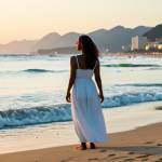 A person in modest, relaxed summer attire, standing on a tranquil Copacabana beach at sunset. Gentle ocean waves calmly lap the shore, and a soft Atlantic breeze creates a serene atmosphere. The individual is in a natural pose, showcasing perfect anatomy, correct proportions, and a peaceful expression. The scene embodies a sense of lightness and freedom. safe for work, appropriate content, fully clothed, family-friendly, professional photography, high quality, natural body proportions.