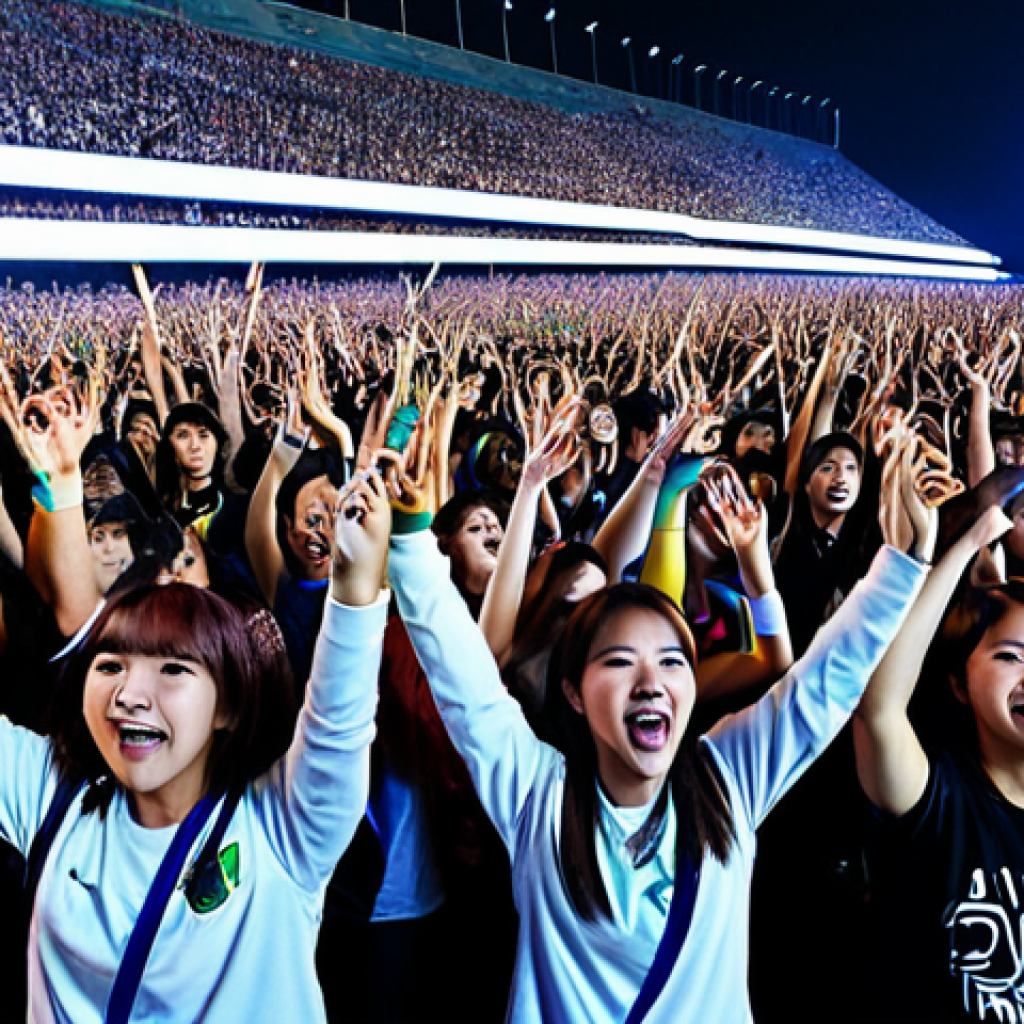 K-Pop Fan Enthusiasm in Brazil**

"A large crowd of Brazilian teenagers, fully clothed in trendy, colorful street fashion, cheering and holding light sticks at a K-pop concert. Energetic atmosphere, focus on positive emotions, safe for work, appropriate content. Background: Stage lights and large screen showing K-pop idols. Perfect anatomy, natural proportions, well-formed hands. Professional photography, high quality."

**