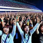 K-Pop Fan Enthusiasm in Brazil**

"A large crowd of Brazilian teenagers, fully clothed in trendy, colorful street fashion, cheering and holding light sticks at a K-pop concert. Energetic atmosphere, focus on positive emotions, safe for work, appropriate content. Background: Stage lights and large screen showing K-pop idols. Perfect anatomy, natural proportions, well-formed hands. Professional photography, high quality."

**