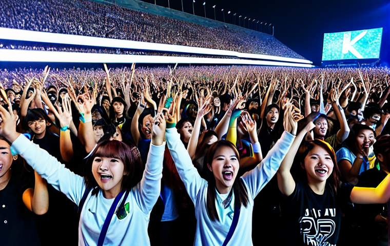 K-Pop Fan Enthusiasm in Brazil**
"A large crowd of Brazilian teenagers, fully clothed in trendy, colorful street fashion, cheering and holding light sticks at a K-pop concert. Energetic atmosphere, focus on positive emotions, safe for work, appropriate content. Background: Stage lights and large screen showing K-pop idols. Perfect anatomy, natural proportions, well-formed hands. Professional photography, high quality."
**